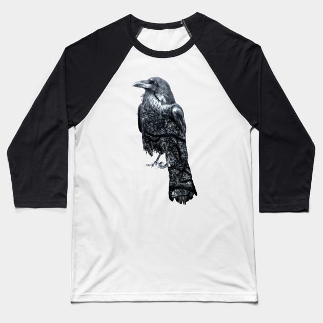 Double Exposure Crow & Tree Branches Baseball T-Shirt by SingeDesigns